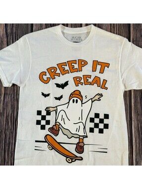 Sugar Flower Creep It Real Ghost Skateboard Halloween Graphic Tee Size S NWOT
